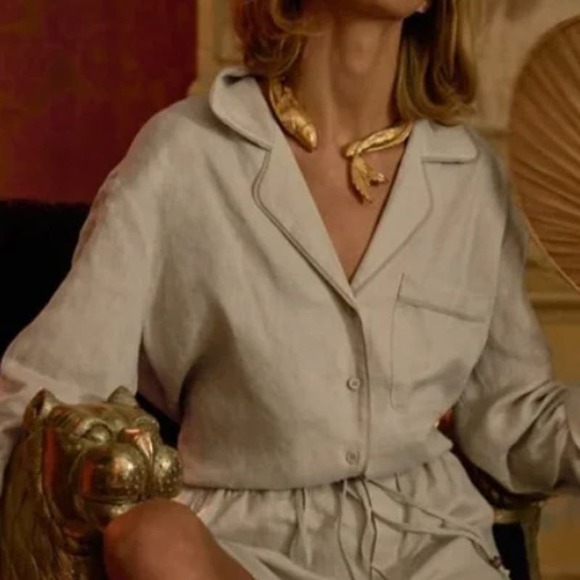 Zara Tops - NWT ZARA Caroline Linen Long Sleeve Notch Lapel Button-Up Shirt Beige Women's M